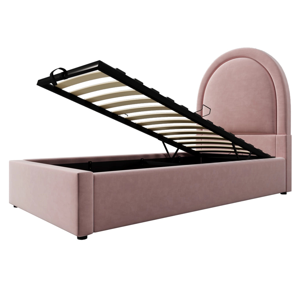 Letto imbottito singolo 90x190 cm in velluto rosa con contenitore e rete sollevabile