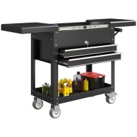 Carrello da officina, su rotelle con piano scorrevole, cassetti bloccabili, 130x38x80cm, Nero