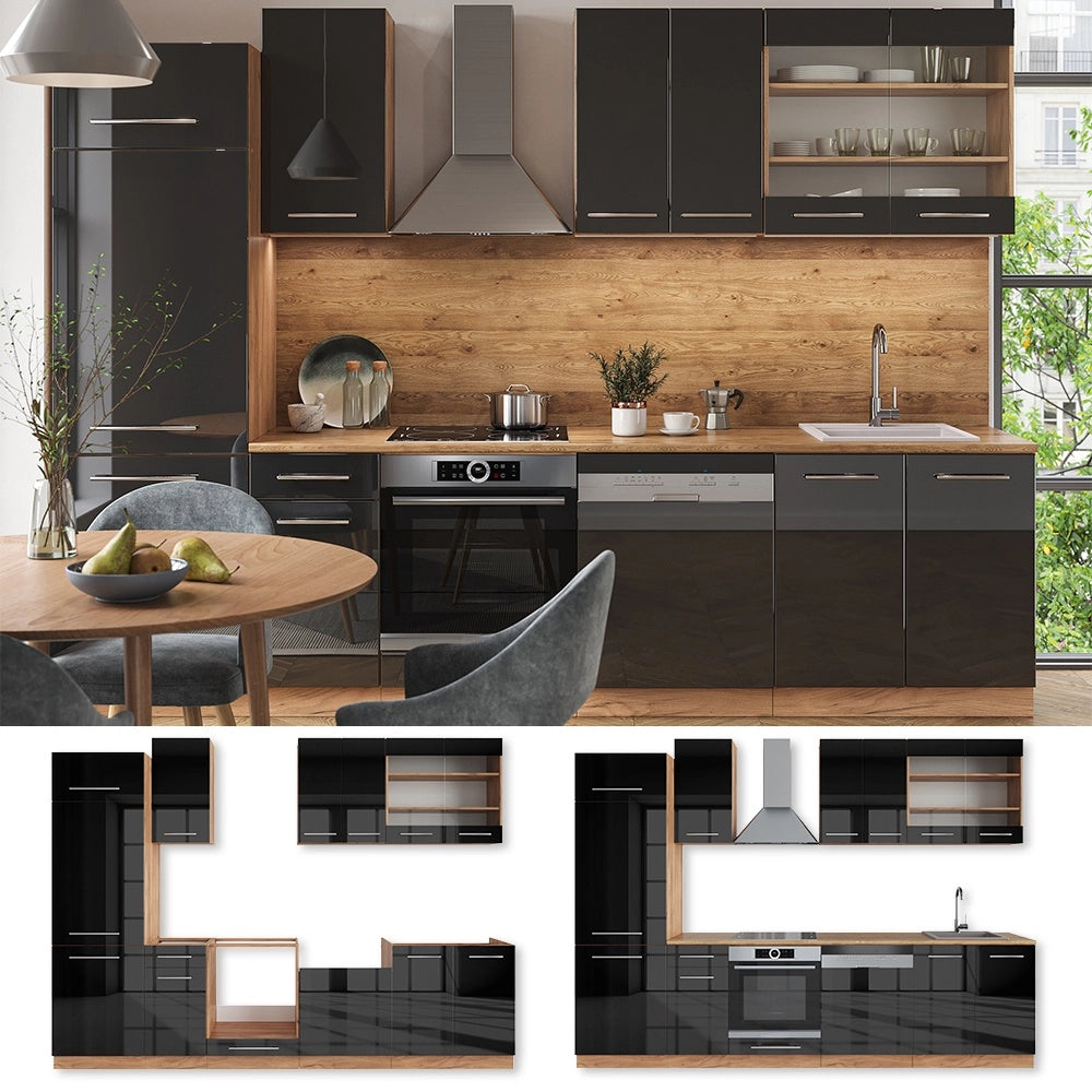 Cucina componibile Fame-Line Antracite lucido/Rovere dorato 300 cm senza piano di lavoro Vicco