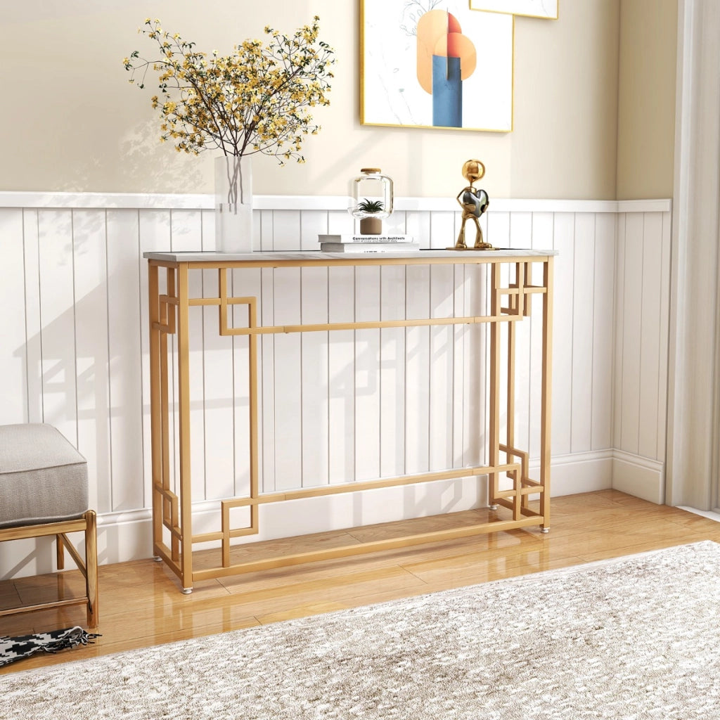 Tavolo consolle da 110cm con cornice geometrica dorata piano effetto marmo, Tavolo da ingresso stretto Bianco-Consolle