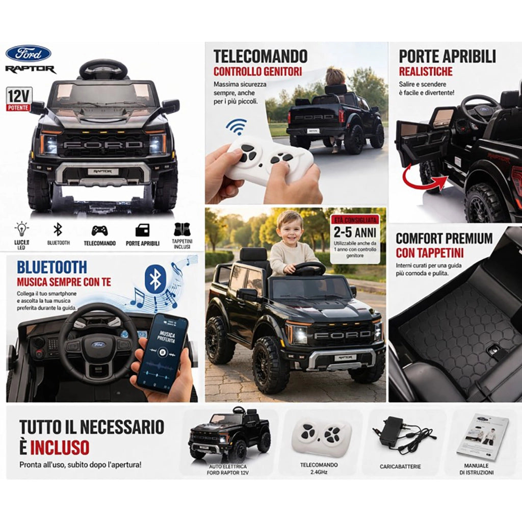 Macchina Elettrica per Bambini Ford Raptor 12V con Telecomando Bluetooth Luci LED e Tappetini Inclusi Nero
