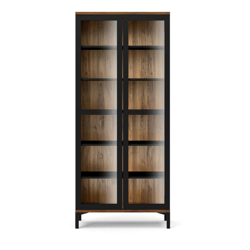 Vetrina Hudhud, Credenza espositiva, Vetrinetta multiuso, Madia da soggiorno, 89x36 h203 cm, Nero e Noce