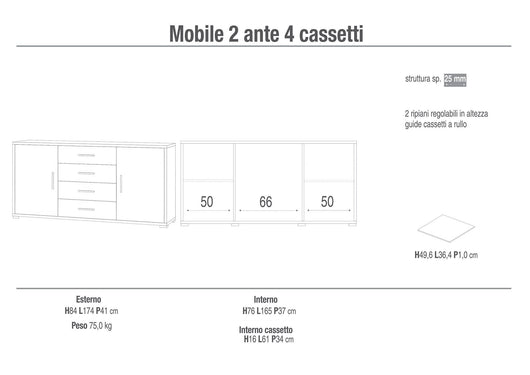 Mobile 2 Ante 4 Cassetti 174x84x41 cm Ossido Bianco/Rovere Naturale
