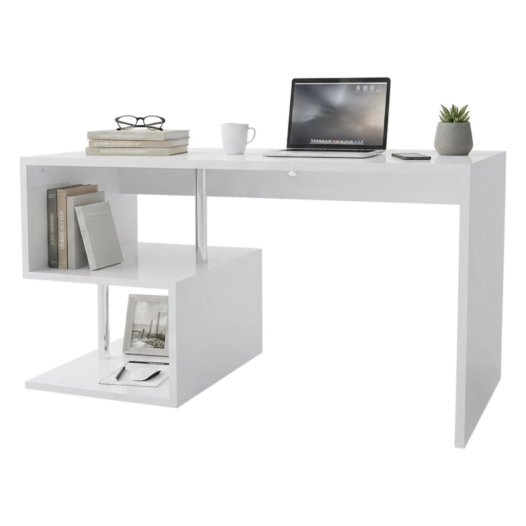 Atemis, Scrivania Modulabile Made in Italy, 140x60x78h cm Bianco Lucido