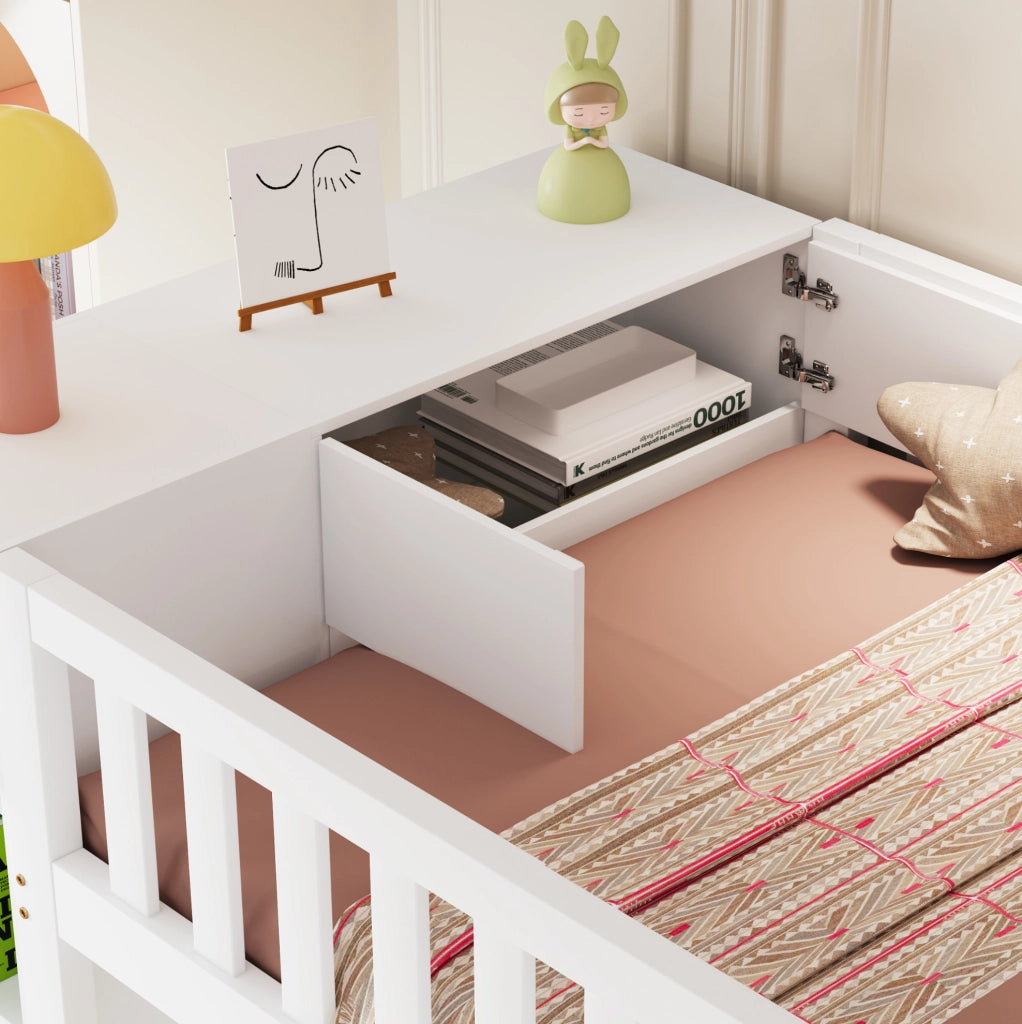 Letto a castello multifunzione 90x200 cm con armadio, scaffali e scaletta di sicurezza bianco