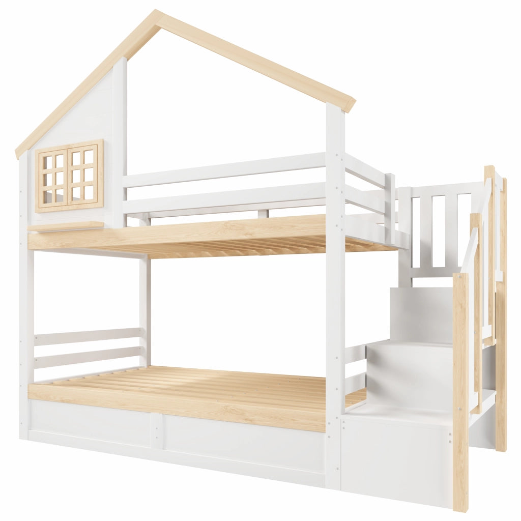 Letto a castello 90x200 cm in pino e MDF con vano contenitore idraulico, stile casa, bianco e naturale