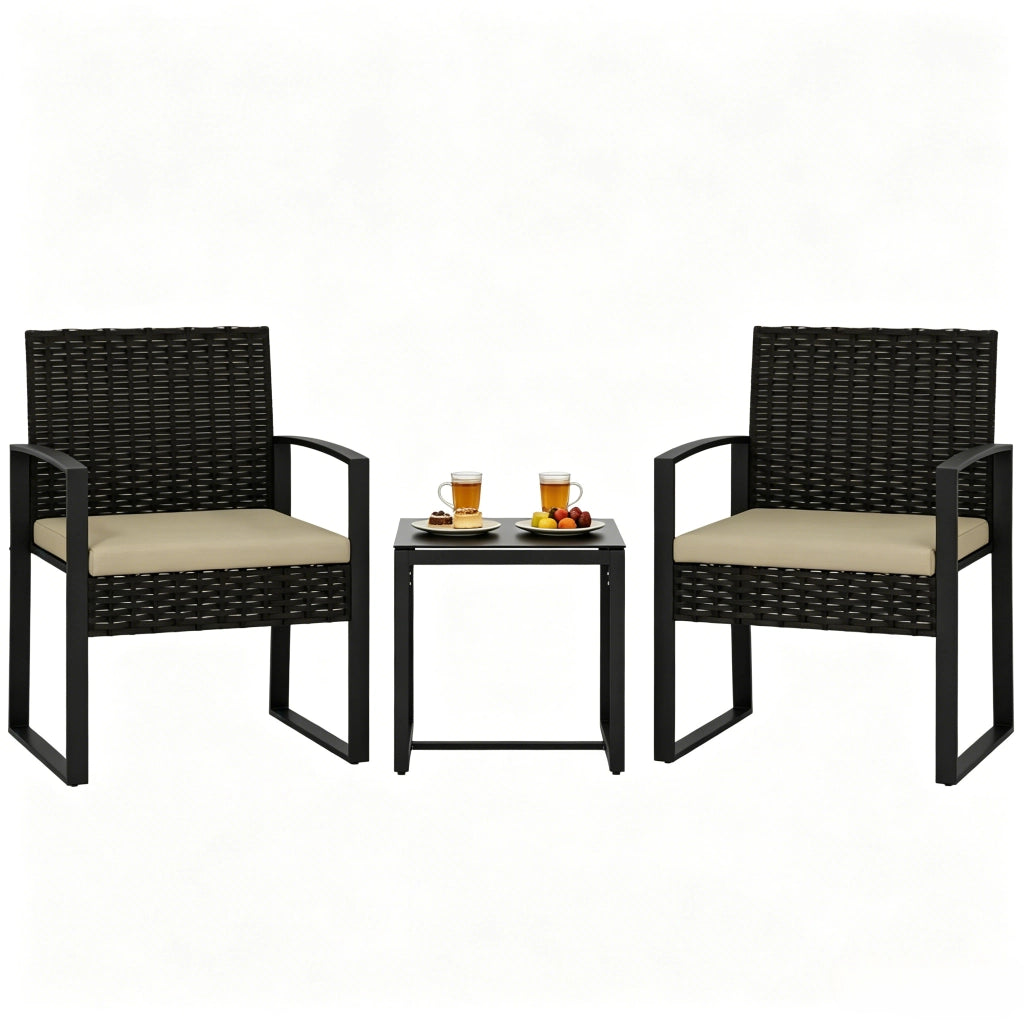 SET GARDINO Tavolo bistrot 40x40 cm con 2 sedie e 2 cuscini in rattan PE nero/marrone