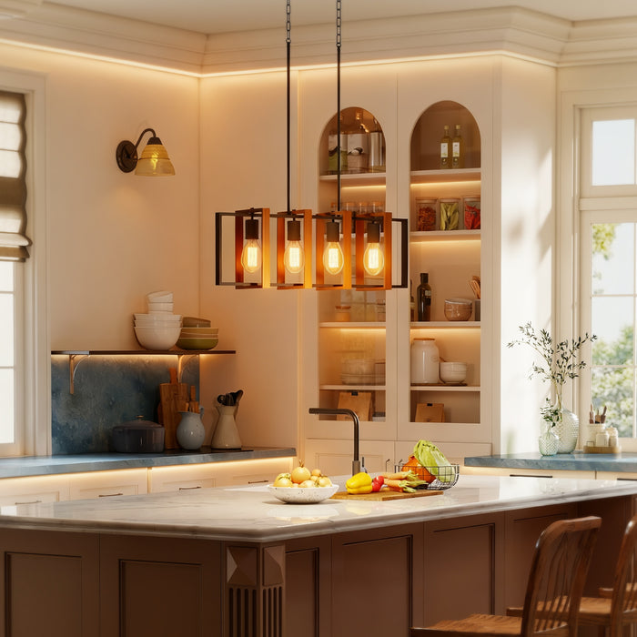 Lampadario a Sospensione Rustico 80x21x90-130 cm con 4 Cornici Girevoli e Catena Regolabile Nero e Marrone