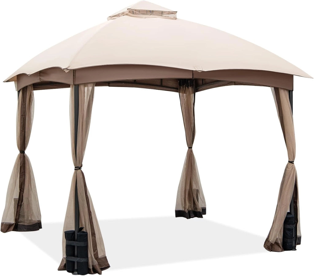 Gazebo per Esterno 3 x 3 m in Tessuto in Poliestere Resistente a Sole e Pioggia, Tendone a Tetto con Rete e Sacchi di Sabbia, Tendone a Tetto per Feste e Campeggio da Giardino, Balcone Cachi