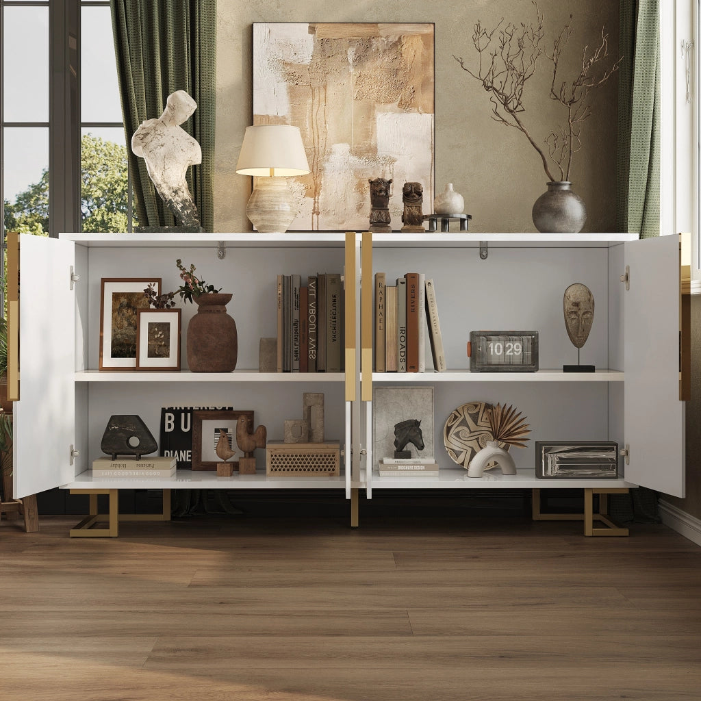 Credenza con 2 Ante e 4 Vani; Piedi in Metallo; Stile Moderno; in MDF; 152??40??75 cm; Bianco