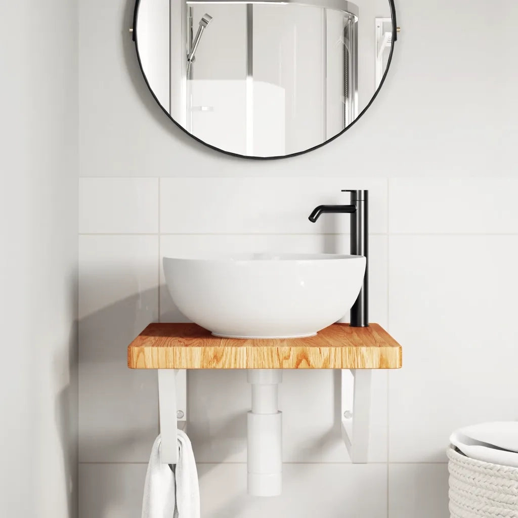 Ripiano a Parete per Lavabo-Mensole a Muro in Acciaio e Massello di Rovere 563292