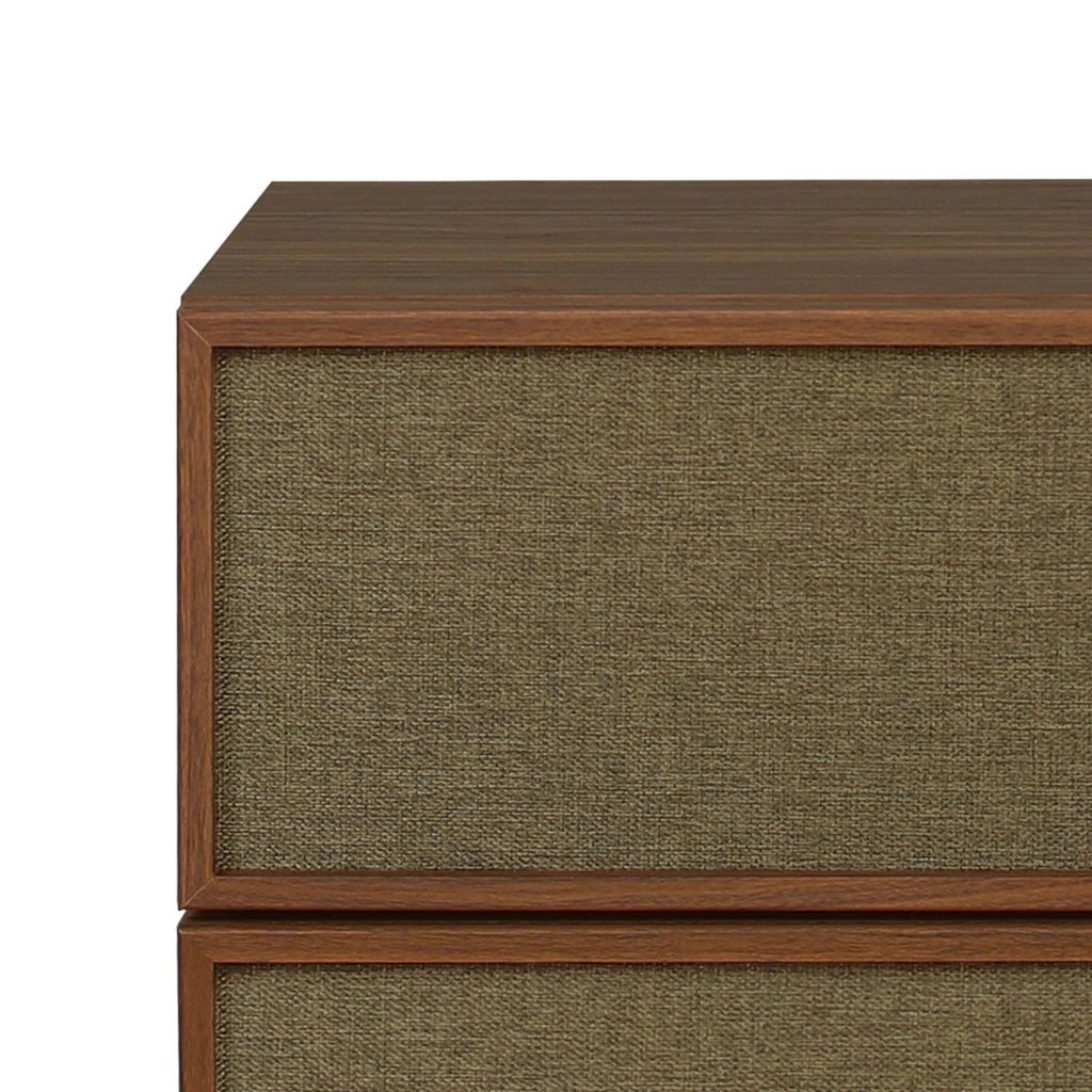Cassettiera decorativa in legno e tessuto con 6 cassetti, noce