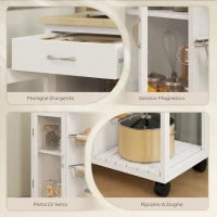 Carrello da Cucina in Bambù con 2 Cassetti, Armadietto, Ripiano e 2 Cestini in Acciaio, 67x35x80 cm, Bianco