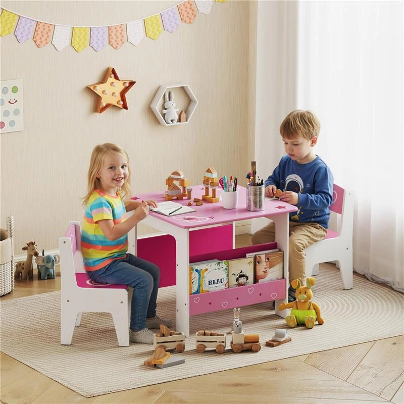 SET TAVOLO CON 2 SEDIE PER BAMBINI 3-8 ANNI, TAVOLINO CON SCAFFALE IN LEGNO MDF CON DISEGNI A CUORI, ROSA