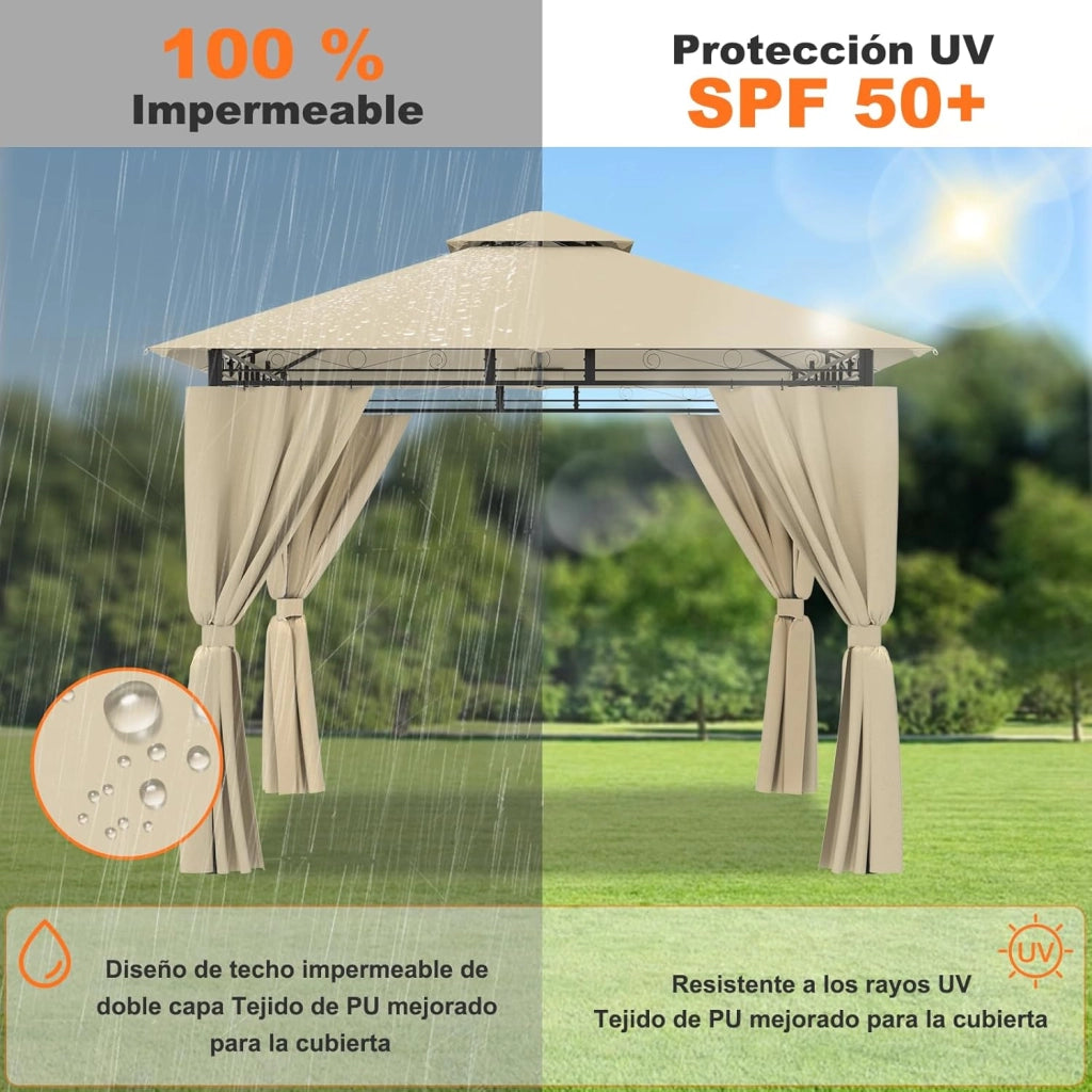 Gazebo da Giardino 3x3,Telo Gazebos 3x4 Impermeabile,Gazebo Esterno Resistente,Telaio in Metallo, Gazebos,Beige