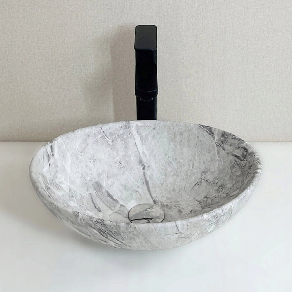 Lavabo da appoggio in ceramica, 42x34 cm, effetto pietra, rotondo