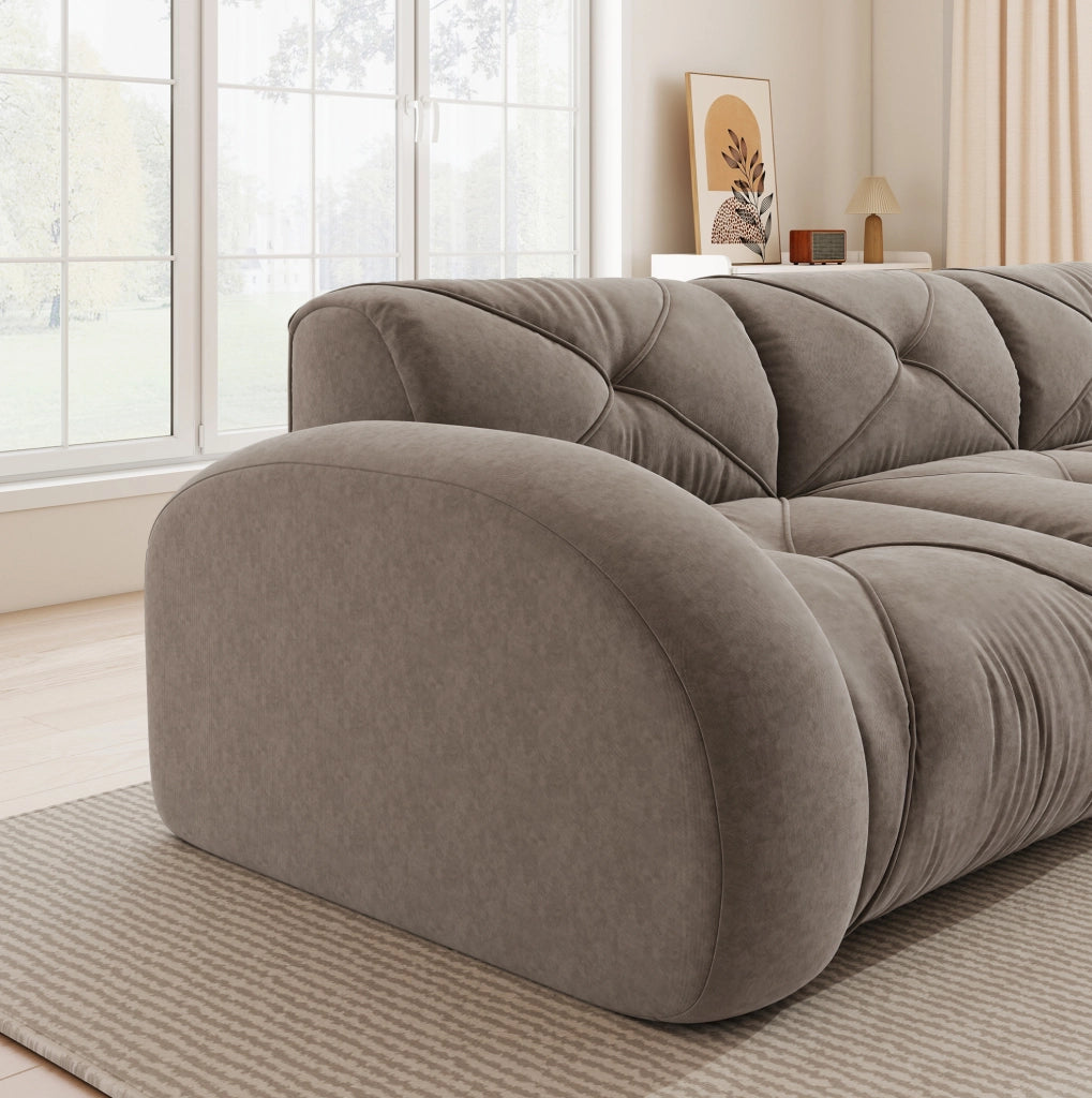 Divano modulare angolare in chenille taupe; 4 posti con pouf; senza montaggio
