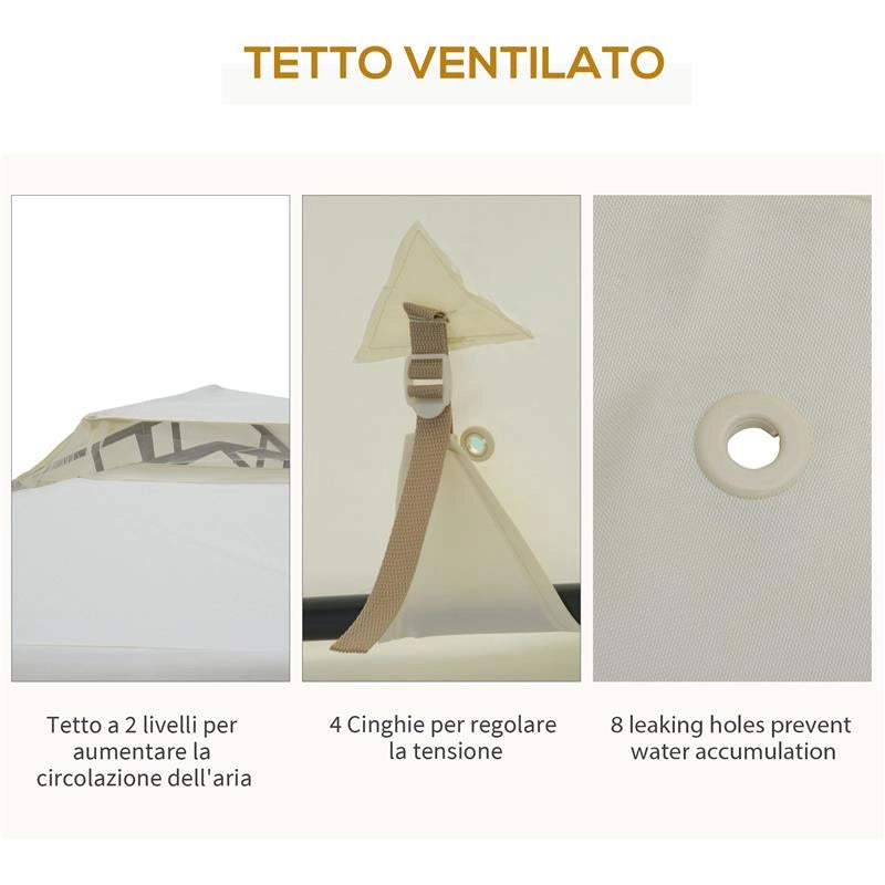 GAZEBO DA GIARDINO CON PALETTI E CORDE DOPPIO TETTO ZANZARIERA PARETI LATERALI BEIGE 294 X 294 X 263 CM
