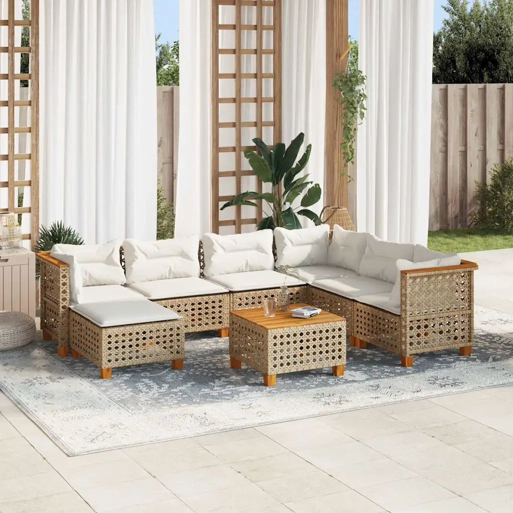 Set Divano da Giardino 8 pz con Cuscini Beige in Polyrattan