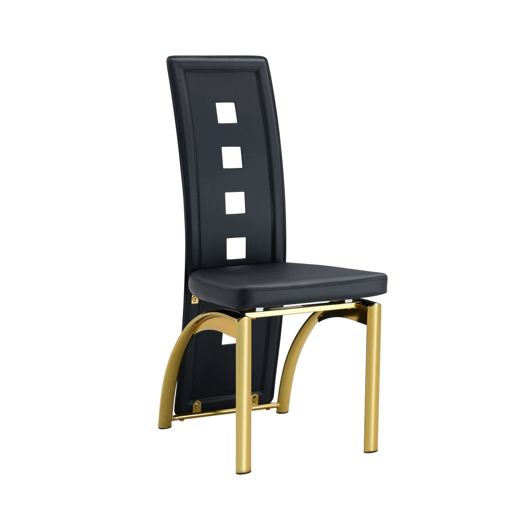 Tavolo da pranzo rotondo in vetro temperato con 2 sedie in PU e metallo, nero e oro, diametro 88 cm
