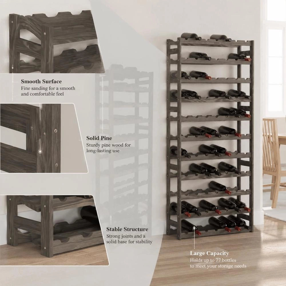 Wine Rack For 77 Bottles, Grey Solid Pine Wood