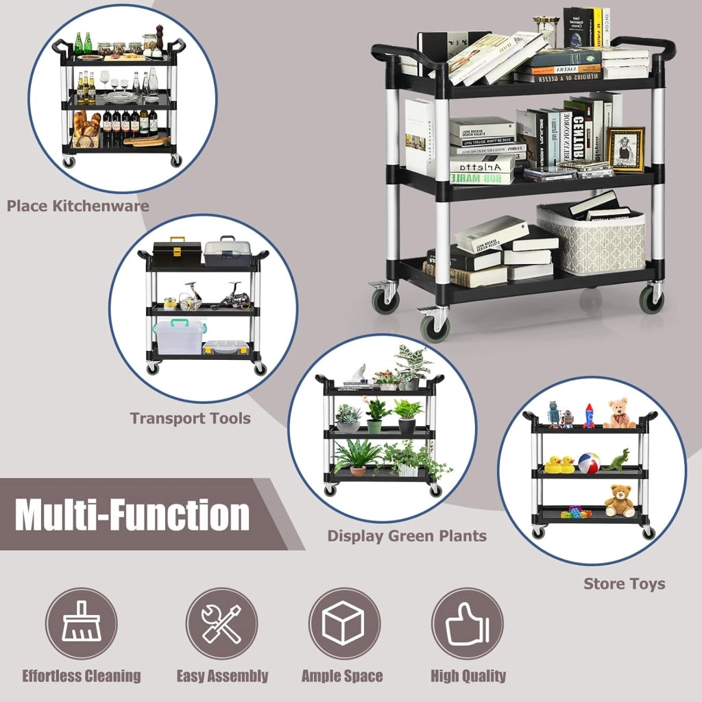 Carrello di servizio a 3 livelli, carrello da cucina con ruote (2 con freno) e comode maniglie, carrello ausiliario con capacità di carico di 50 kg per scaffale, 103 x 49 x 98 cm
