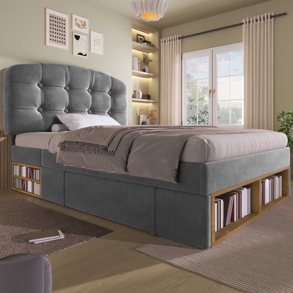 DESMIU Letto con cassetti 90 × 200 cm singolo con vano contenitore e testiera regolabile, senza materasso, velluto grigio