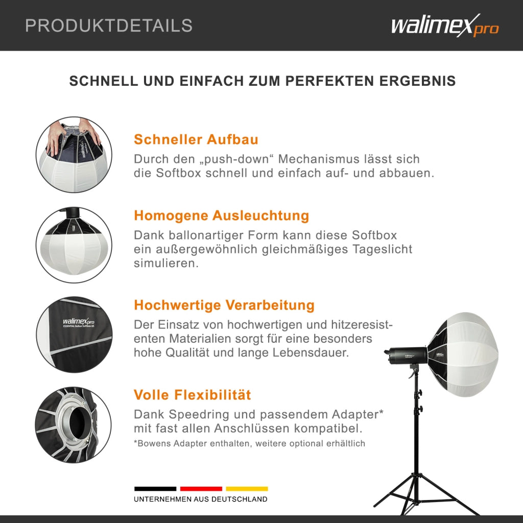 Essential Balloon Softbox 65cm + adattatore softbox per Profoto (diametro esterno 15,2 cm), diffusore di luce a 360° ad apertura rapida, adattatore Bowens, compatibile
