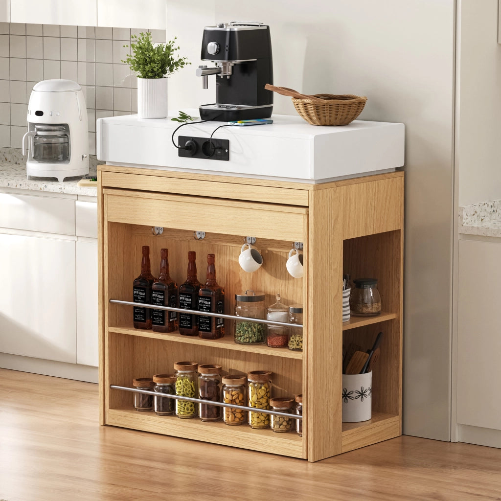 Carrello da Cucina con 1 Cassetto; Ripiani Regolabili; Piano Pieghevole e Prese; in MDF e Vetro; 83x46x96 cm; Naturale