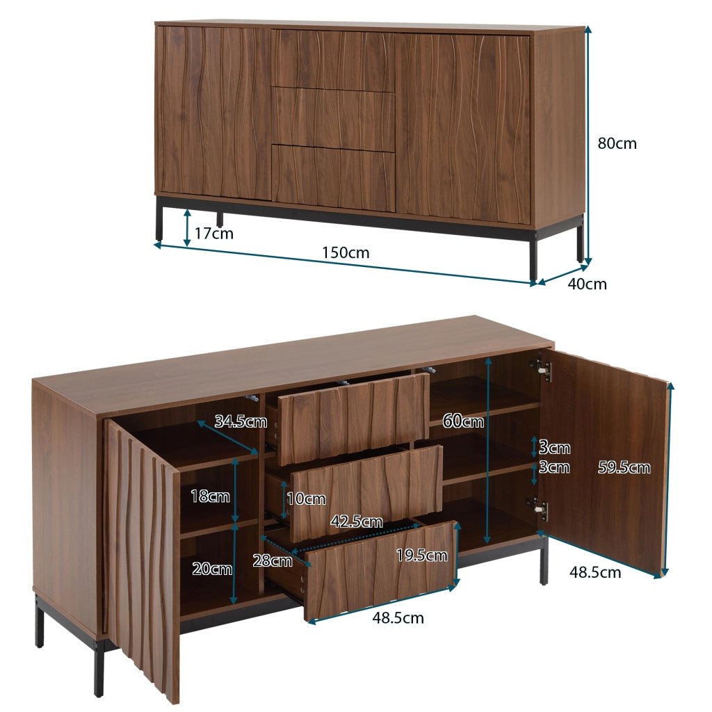 Credenza 150 cm in MDF con 3 cassetti, ripiani regolabili e struttura anti-ribaltamento