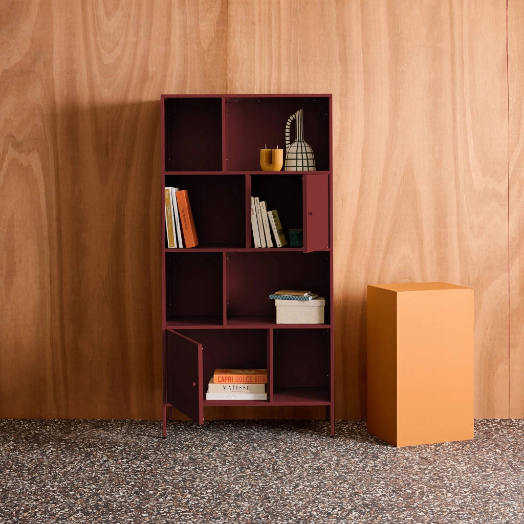 Credenza industriale in metallo con 8 scomparti, bordeaux