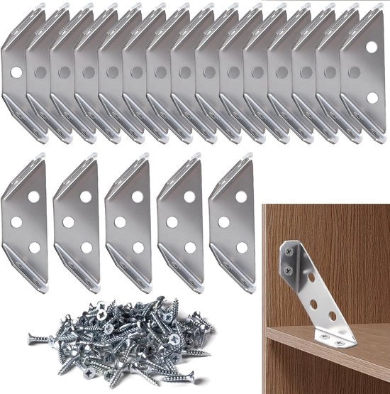 Rivetti a angolo in acciaio inox, 20 pezzi con viti - per mobili in legno, tavole, armadi, scrivanie, tavoli, sedie, cornice triangolare di supporto