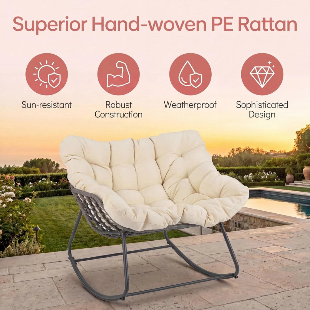Sedia a Dondolo da Esterno e Interno, Poltrona Relax da Giardino in Rattan PE, con Cuscino Imbottito, Sedile Ampio e Antiribaltamento, per Salotto, Balcone, Terrazza, Portata 150 kg, Beige