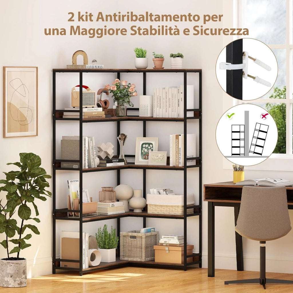 Libreria ad Angolo 180 cm, Libreria a 5 Ripiani a Forma di L con Struttura in Metallo, Scaffale Espositivo Aperto Industriale per Soggiorno Studio Ufficio e Casa, 110 x 89 x 180 cm