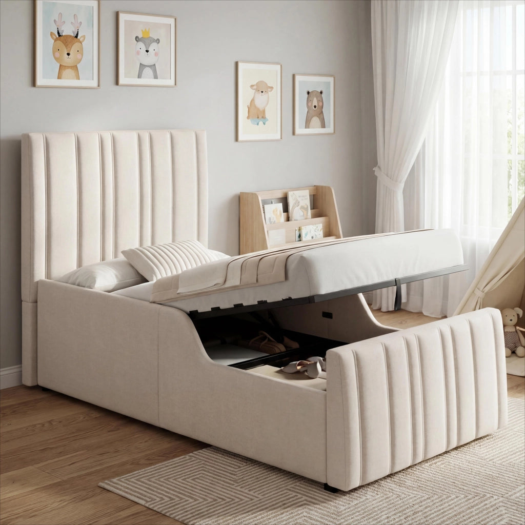 Letto Imbottito Singolo Contenitore ¨C MINIMAL ¨C con Rete a Doghe, Testiera, 90x200, Beige