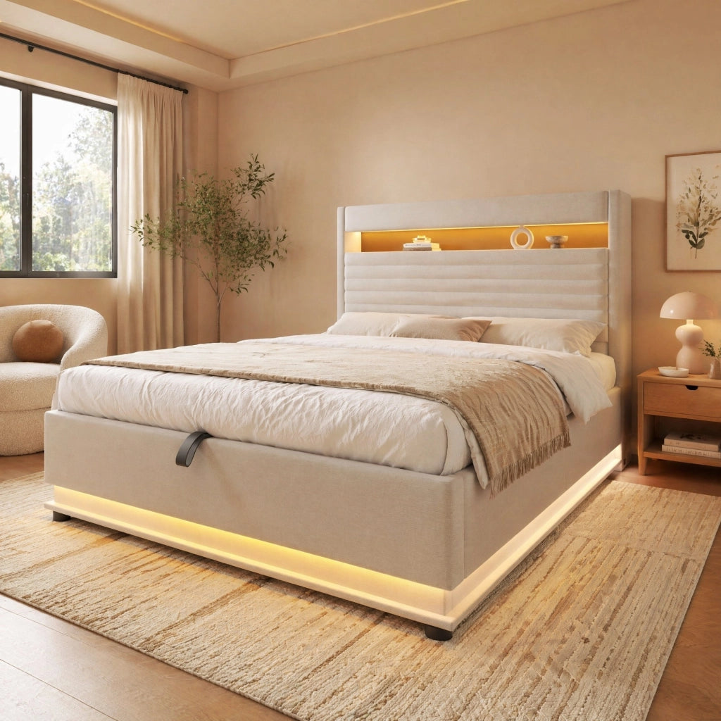 Letto imbottito 140x200 cm con LED, USB/Type-C e contenitore