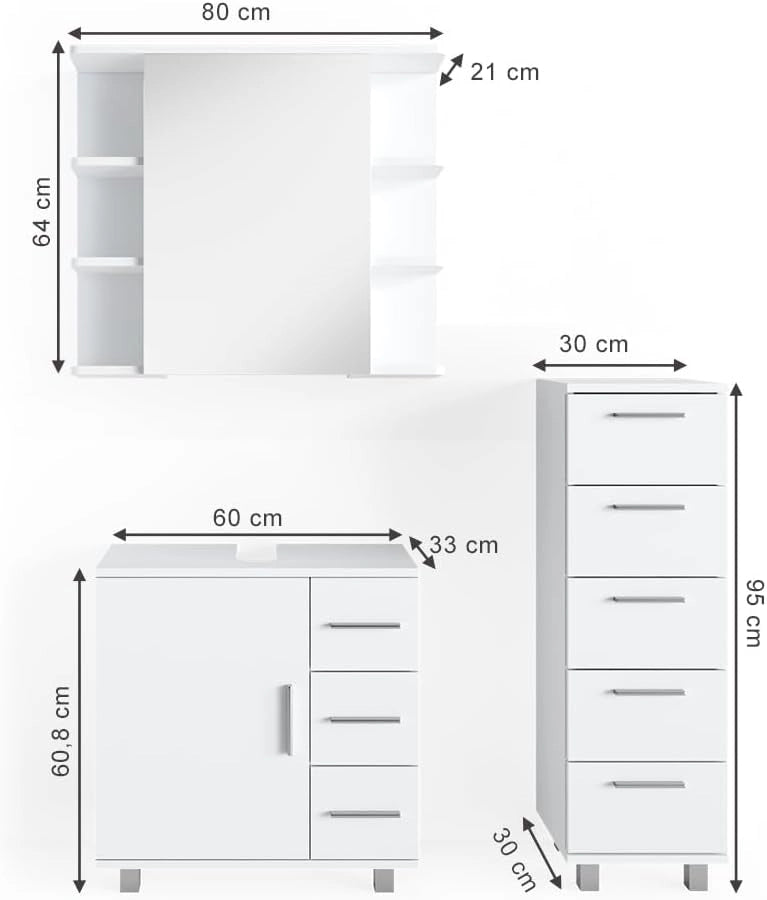 Set mobili bagno Ilias, Bianco, 60 cm, composto da mobile sottolavabo, specchiera e mobile medio