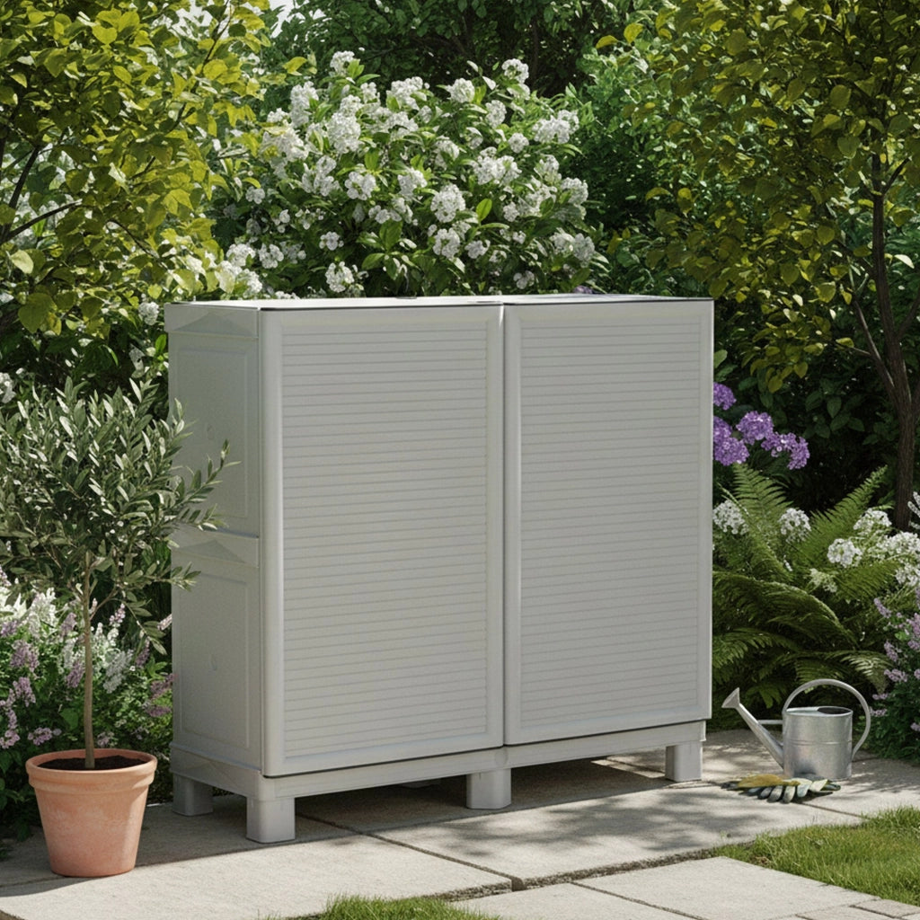 Armadio multiuso da esterno o Arlinda, Mobile a 2 ante e 1 ripiano in polipropilene, 100% Made in Italy, cm 100x39h92, colore Grigio chiaro