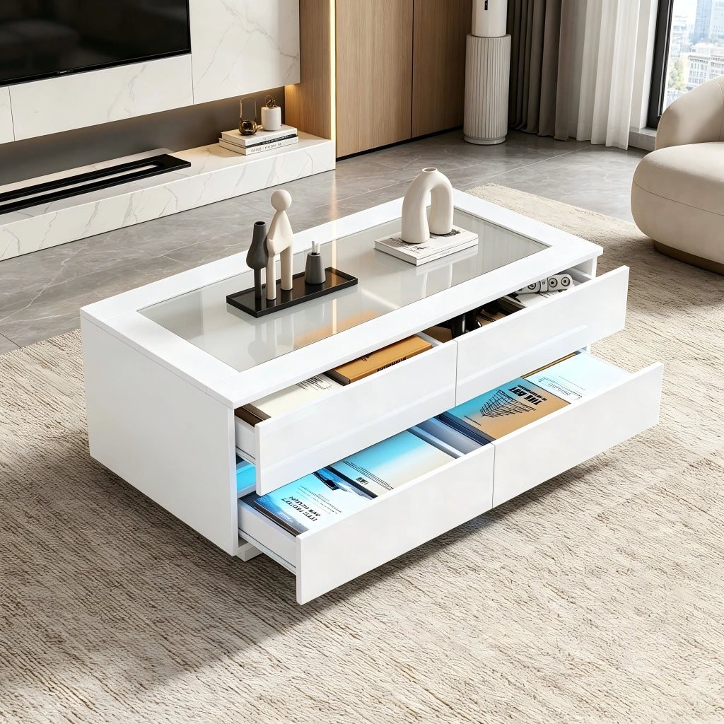 Tavolino basso con 4 cassetti e LED integrato piano in vetro temperato frontali lucidi bianco 100 × 50 × 40 cm