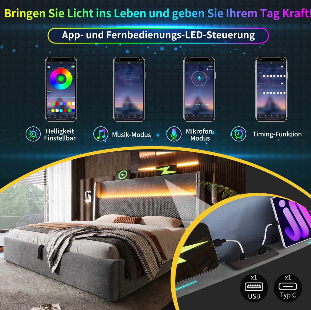 Letto idraulico con testiera alta, LED, contenitore, ricarica e materasso