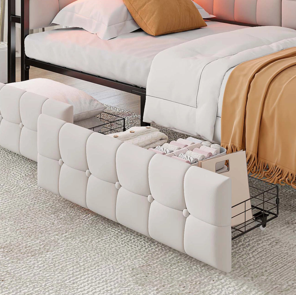 Divano letto imbottito ULEVR 90x200 cm con 2 cassetti, LED, USB e Type-C, beige