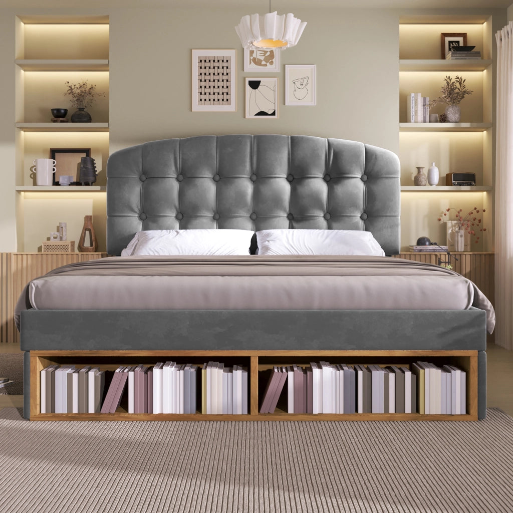 LETTO 140x200 cm in velluto grigio con testiera regolabile, cassetti e vani