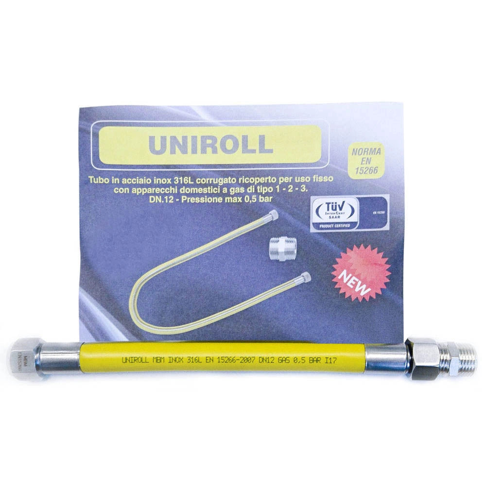 Tubo flessibile gas 0,5 mt  - 1/2" MF inox a norma EN 15266  per piano cottura/cucina  UNIROLL