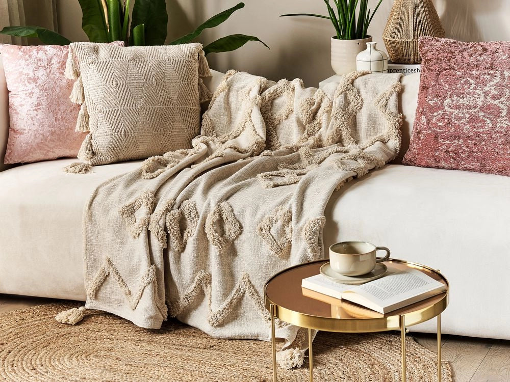 Coperta in cotone beige 130 x 180 cm motivo geometrico lavorato a maglia copriletto stile boho soggiorno camera da letto accento pezzo