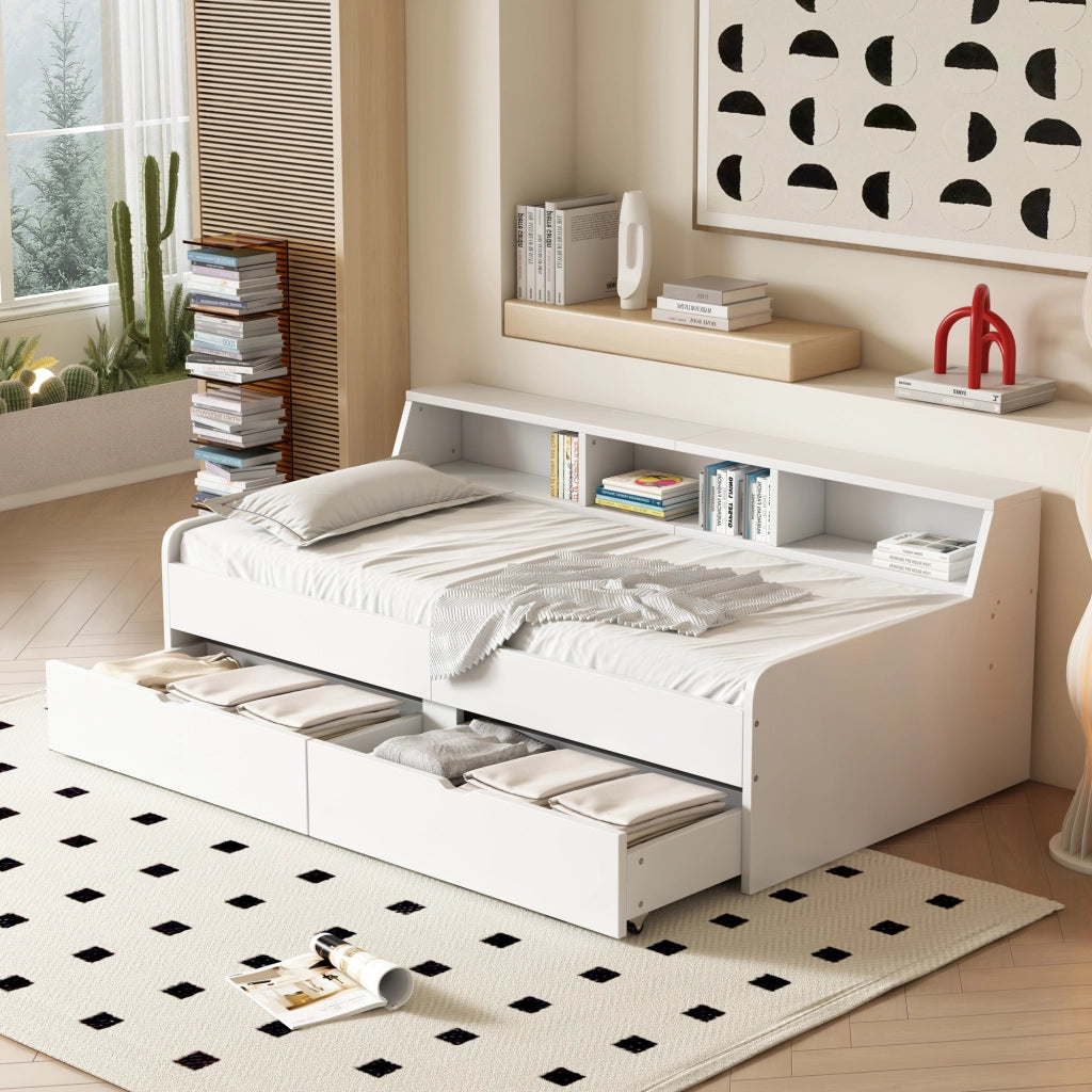 LETTO Daybed 90x200 cm con 2 cassetti e vani contenitore Bianco