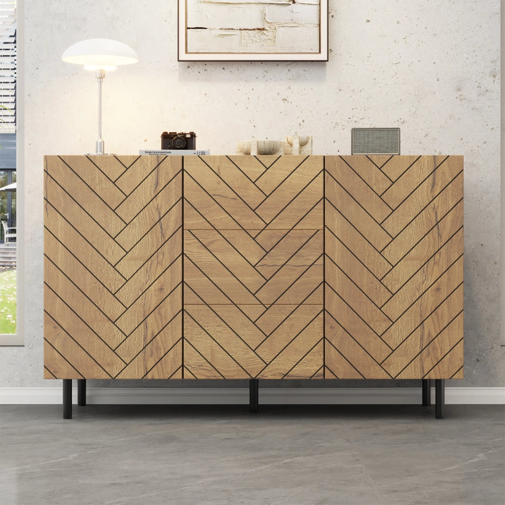 Credenza con 3 cassetti e 2 ante; per soggiorno; in truciolare; 120×40×76 cm; naturale