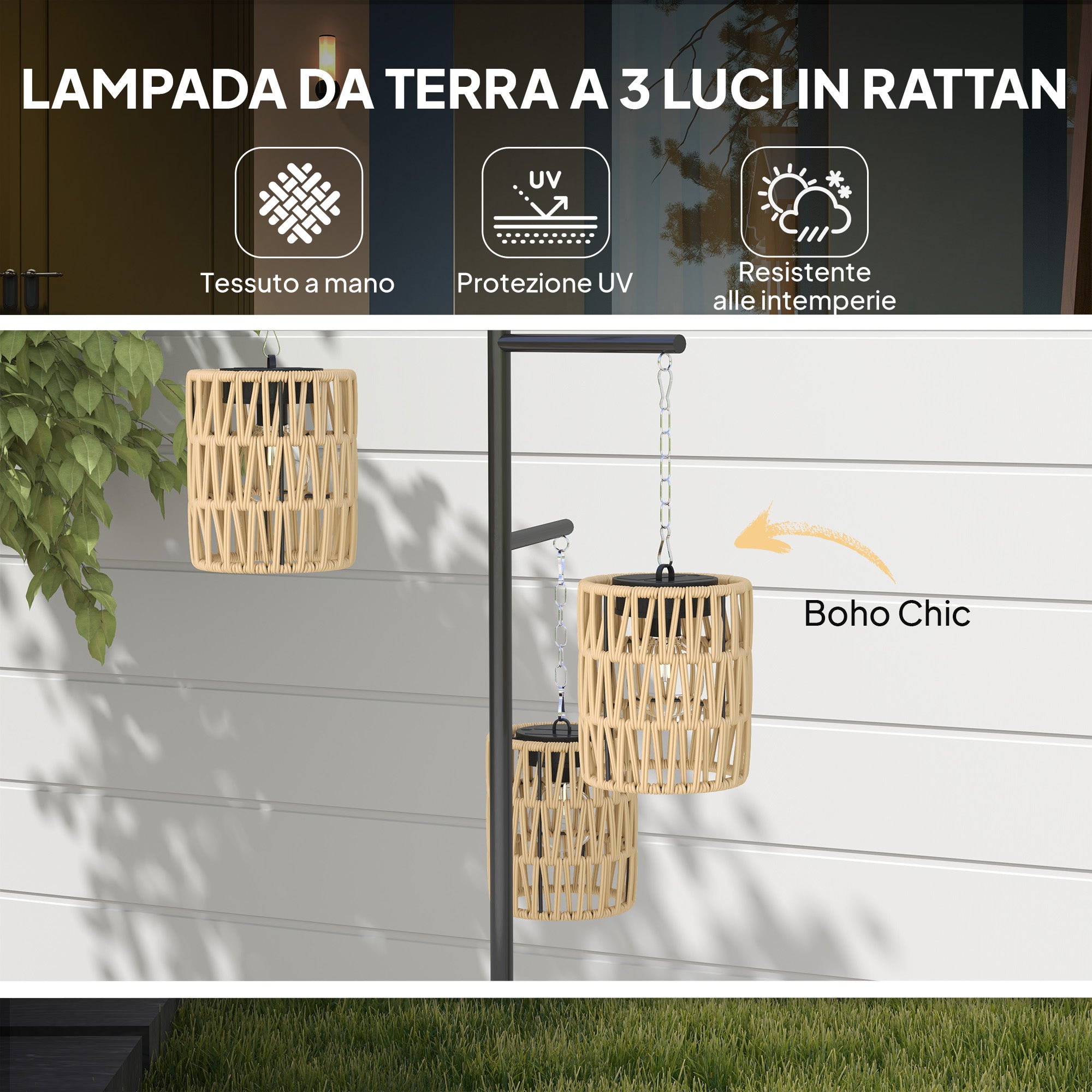 Lampada Solare da Esterno in stile Boho 45x45x178 cm in Rattan PE e Acciaio Nero e Giallo