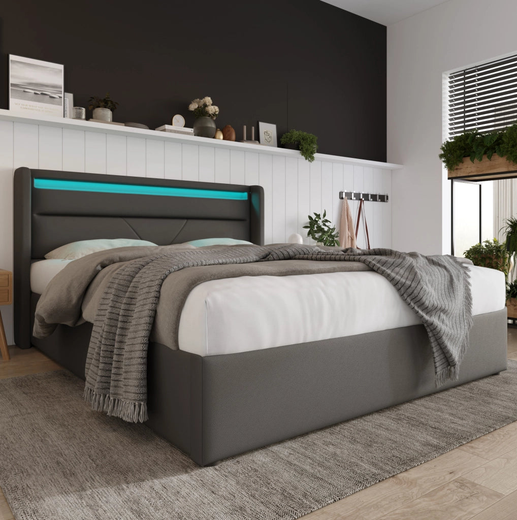 Letto contenitore 160x200 cm con LED e telecomando, grigio
