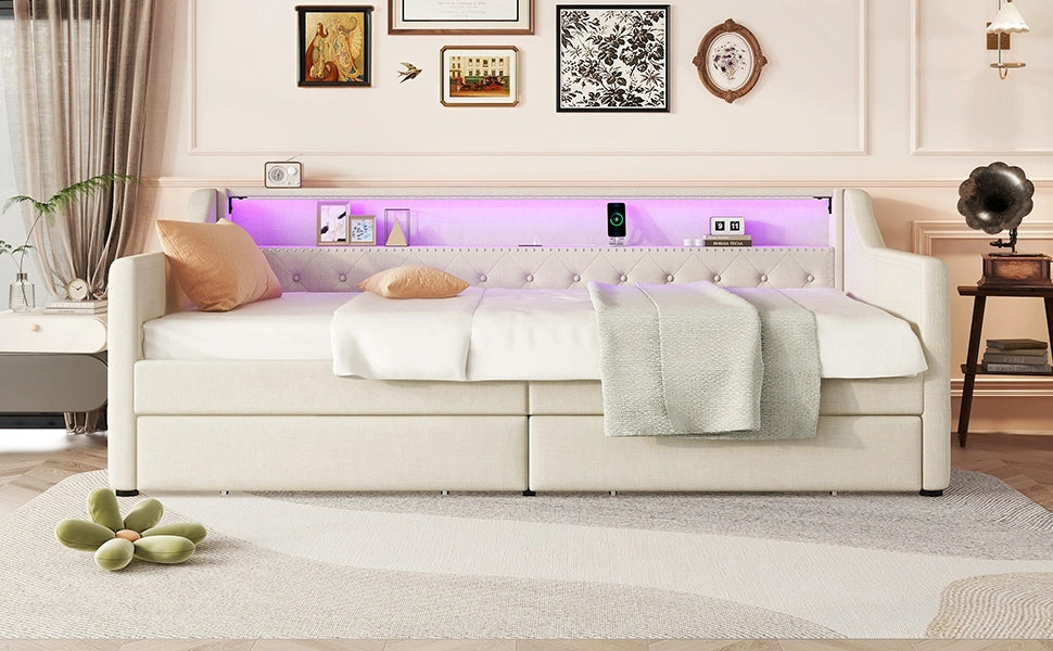 DESMIU Letto Divano 90 × 200 cm 1 piazza con 2 cassetti, LED regolabile, USB e senza materasso, in lino, beige