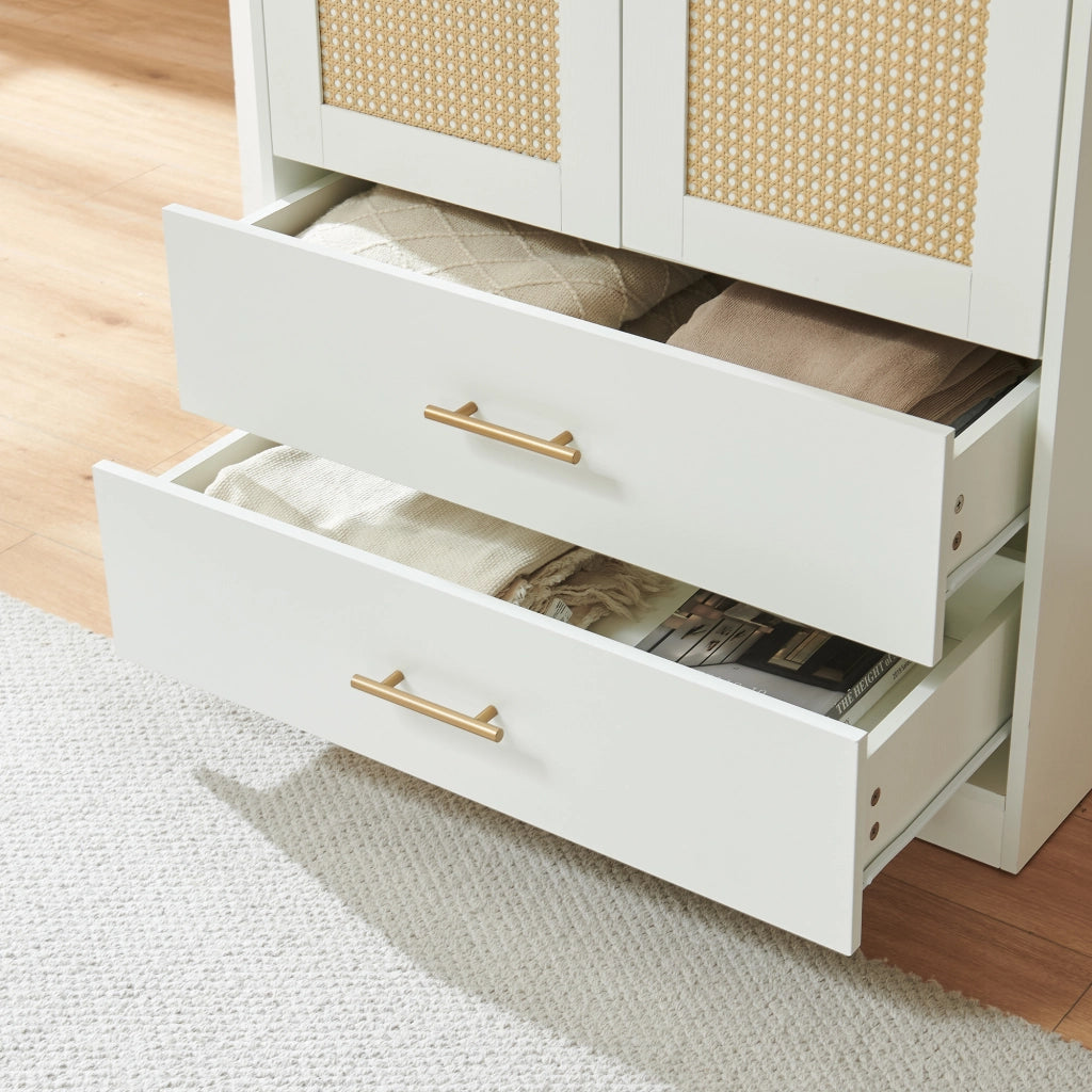 Armadio da Guardaroba Larundi con 4 Ante e 2 Cassetti 216 x 80 x 52 cm - Bianco/Effetto Rattan [en.casa]